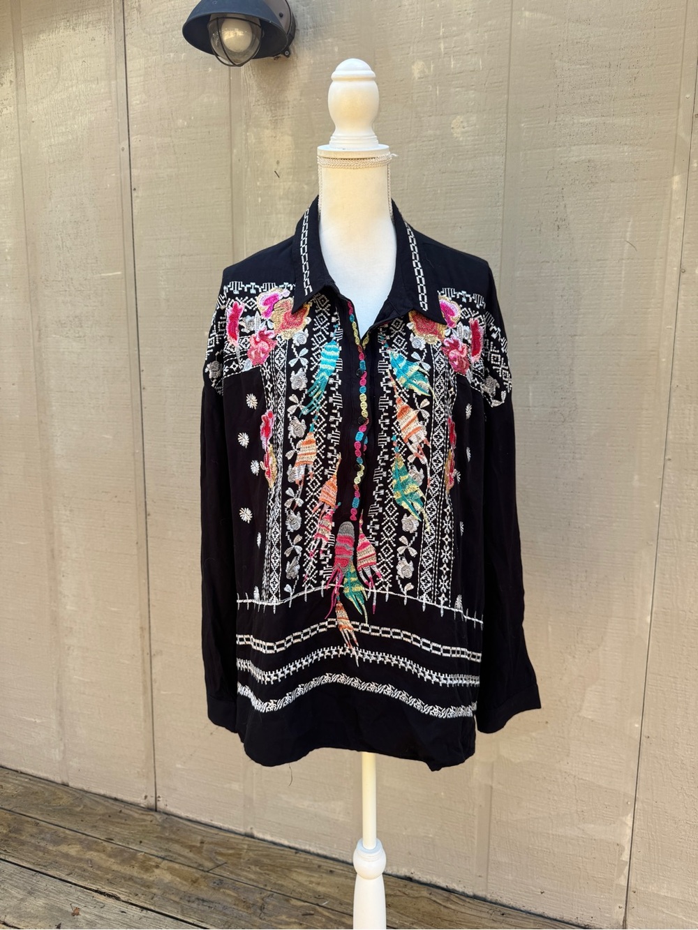 Black Embroidered Floral Button-Front Blouse